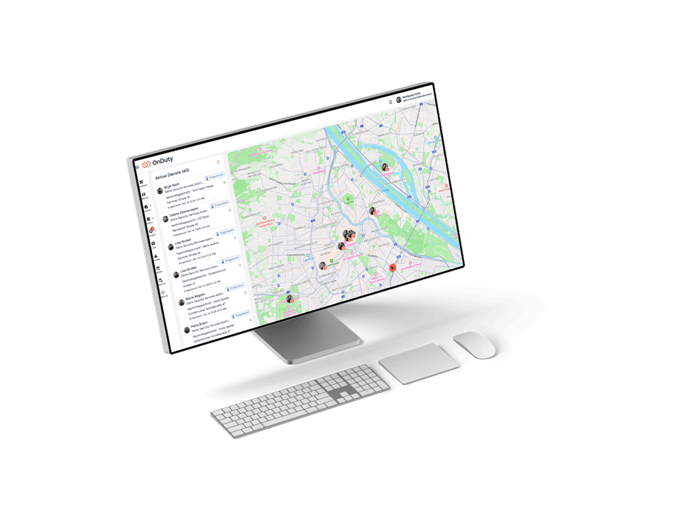 OnDuty web dashboard showing real-time employee tracking on map with shift scheduling sidebar
