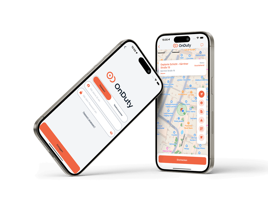 OnDuty mobile app showing login screen and GPS map tracking for security guard management